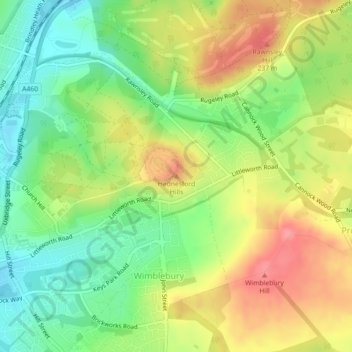 Hednesford Hills topographic map, elevation, terrain