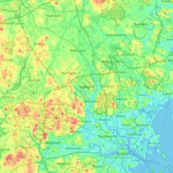 Woburn topographic map, elevation, terrain