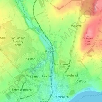 St Vigeans topographic map, elevation, terrain