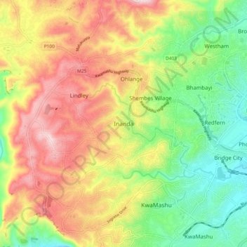 Inanda topographic map, elevation, terrain