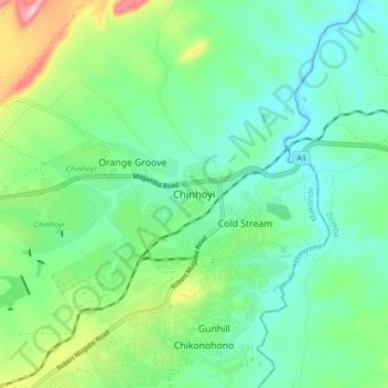 Chinhoyi topographic map, elevation, terrain