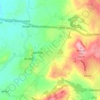 Bignall End topographic map, elevation, terrain