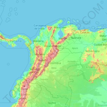 Colômbia topographic map, elevation, terrain
