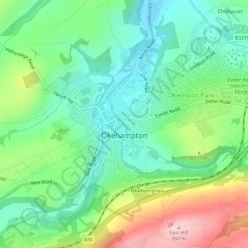 Okehampton topographic map, elevation, terrain