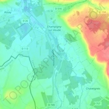 Champigny-sur-Veude topographic map, elevation, terrain