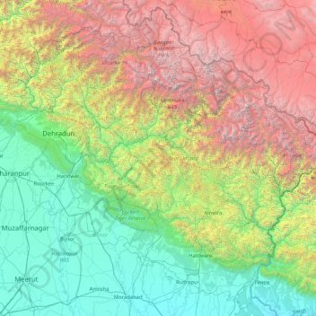 Uttarakhand topographic map, elevation, terrain