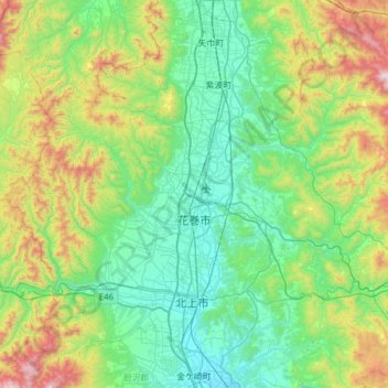 Hanamaki topographic map, elevation, terrain