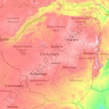 Zimbabwe topographic map, elevation, terrain