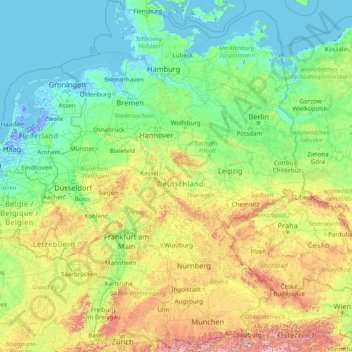 Deutschland topographic map, elevation, terrain