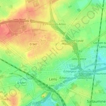 Lens topographic map, elevation, terrain