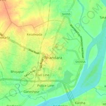 Bhandara City topographic map, elevation, terrain