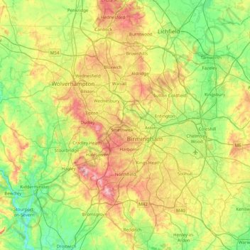 West Midlands topographic map, elevation, terrain