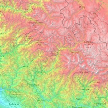 Uttarkashi topographic map, elevation, terrain