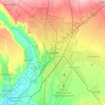 Gyumri topographic map, elevation, terrain