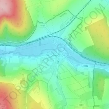 Vernawahlshausen topographic map, elevation, terrain